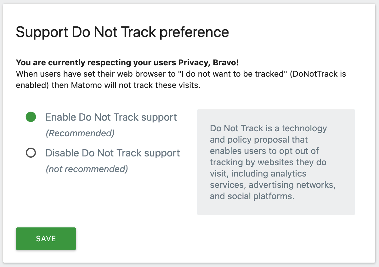 Matomo's Do Not Track preference selection screen